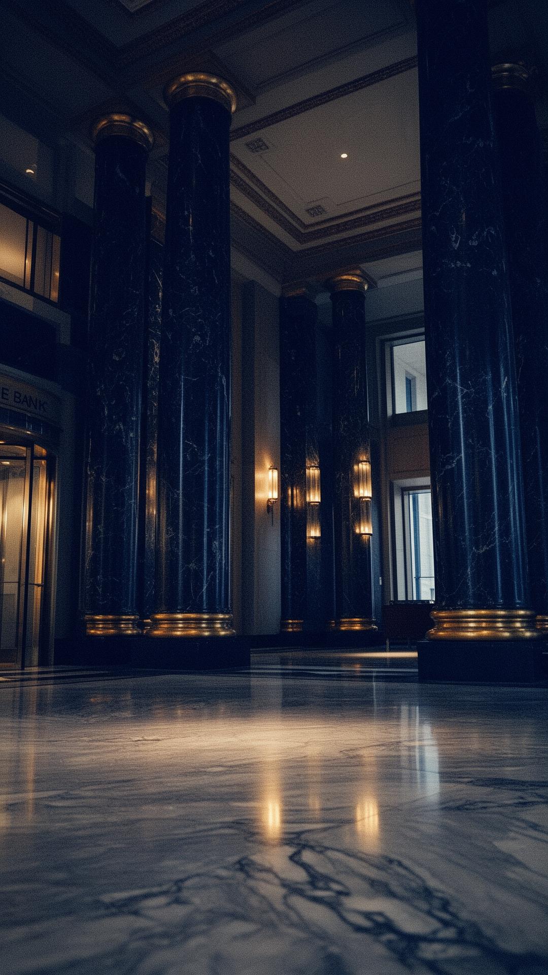 Marble columns and brass detailing inside a private banking lobby
