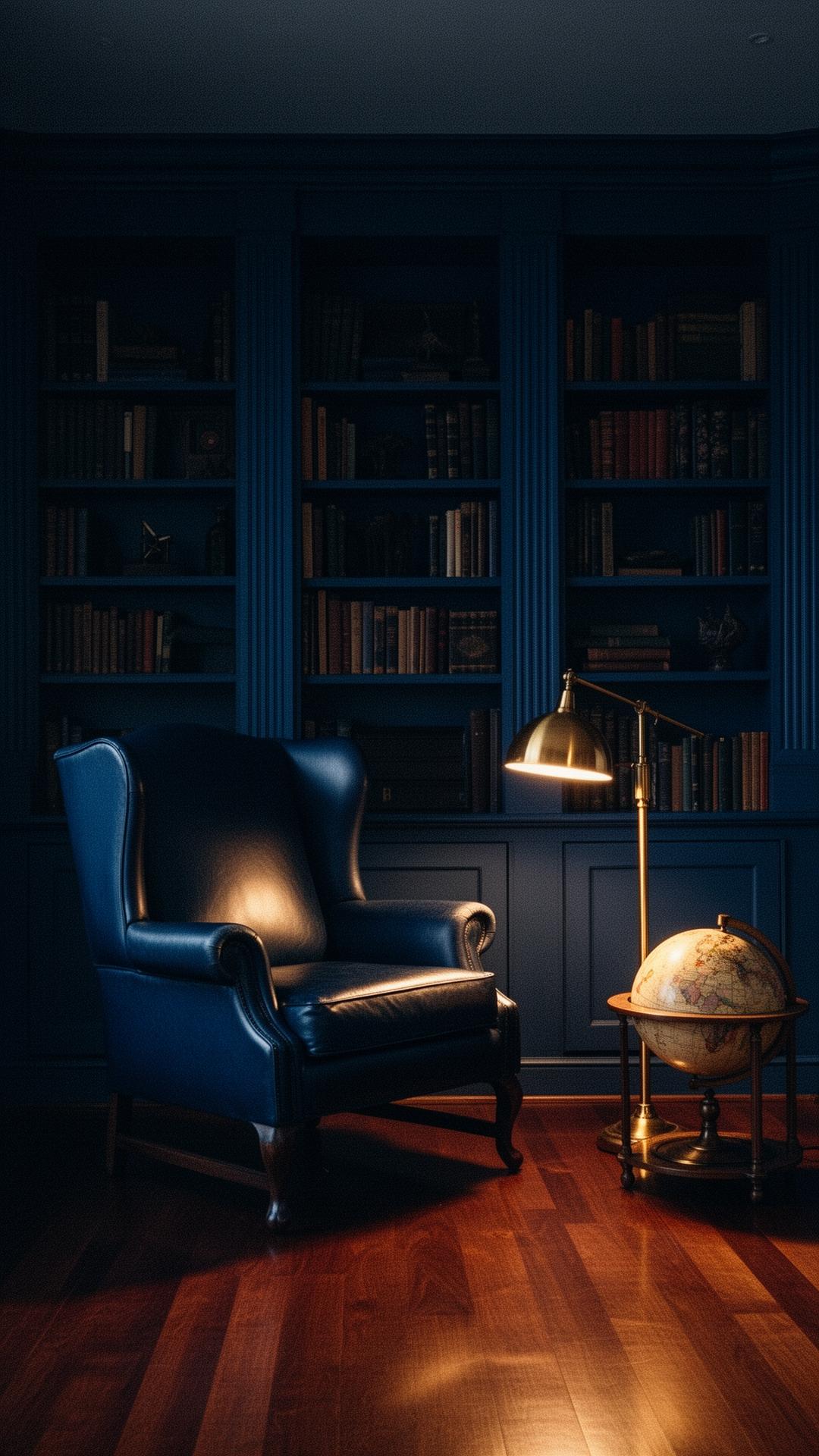 A private study with leather wingback, brass lamp and antique globe